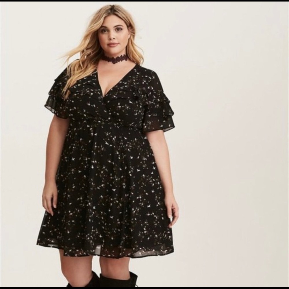 Torrid Black Floral Print Chiffon Ruffled Wrap Dress 4